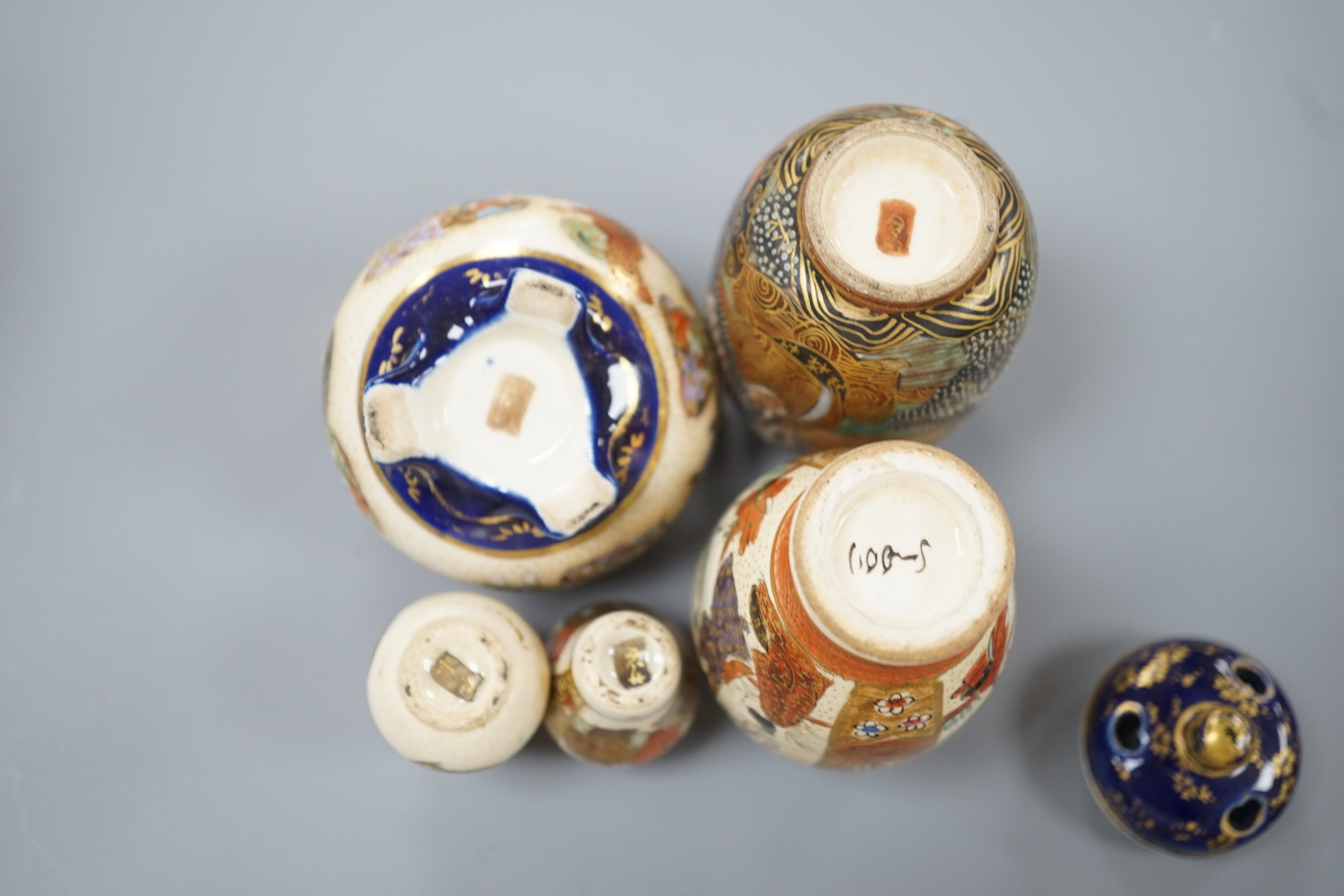 A group of small and miniature Satsuma pottery vases, koros and covers and dishes, late 19th/early 20th century, 3cm - 12cm